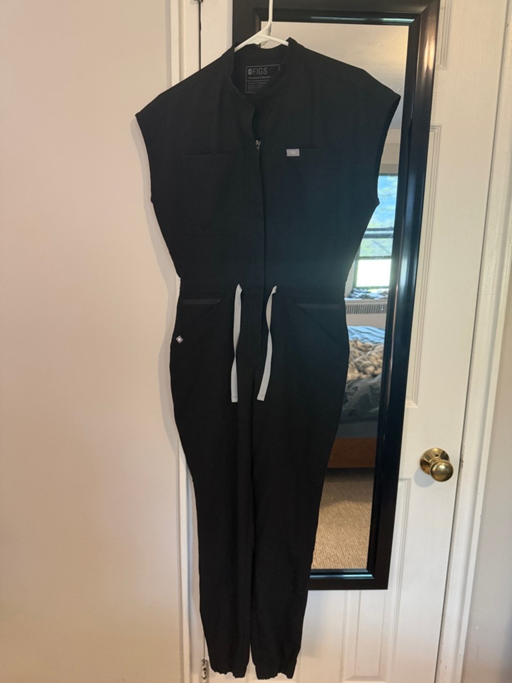 Figs Black Sleeveless Zip-Front Utility Jumpsuit with Drawstring Waist